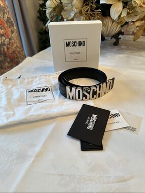 Moschino Black Leather Belt with Silver MOSCHINO Logo